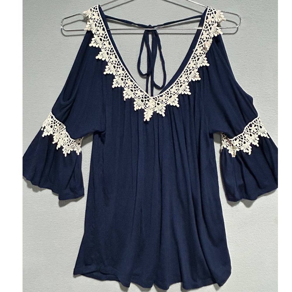 Womens Cold Shoulder Top Size Medium Navy Blue Lace Trim Bell Sleeve Flowy